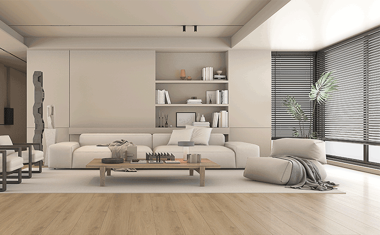 laminate flooring in modern living room with black shades